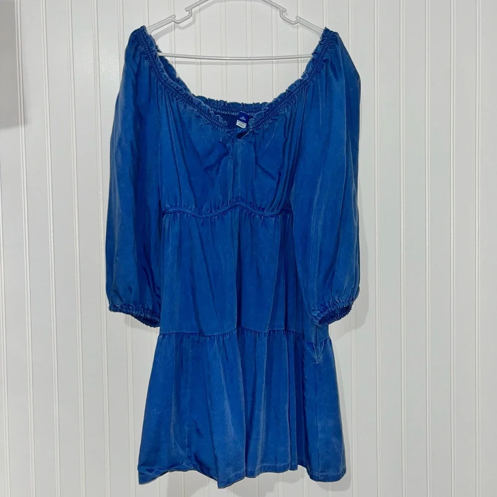 Old Navy XL petite ruffled tie neck tiered chambray tencel swing boho dress - Picture 2 of 8